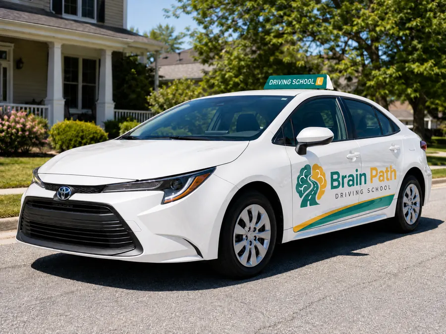 A BrainPath driving school car parked on a quiet residential street.