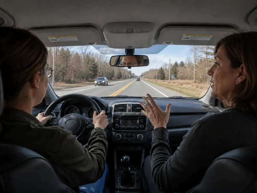 An instructor coaching a learner during a driving lesson.